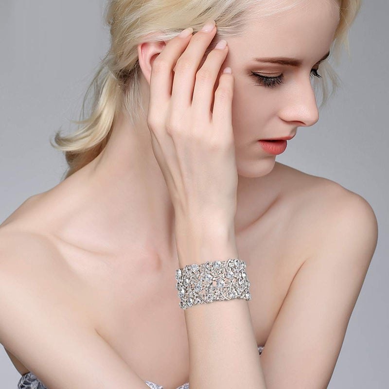 BriLove Women's Wedding Bridal Crystal Cluster Tennis Stretch Bracelet Clear Silver-Tone - Image 2